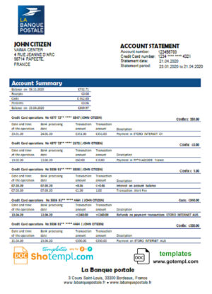 France La Banque Postale bank statement template in Word and PDF format