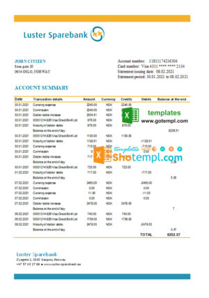 Norway Luster Sparebank bank statement easy to fill template in Excel and PDF format