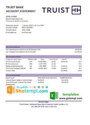 USA Truist Bank statement template in .xls and .pdf file format