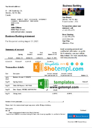 Canada BMO Bank of Montreal bank statement easy to fill template in .xls and .pdf file format (AutoSum)