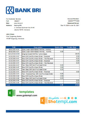 Indonesia Bank Rakyat Indonesia (BRI) bank statement easy to fill template in .xls and .pdf file format