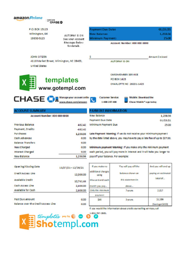 USA Chase bank credit card statement template in .xls and .pdf format