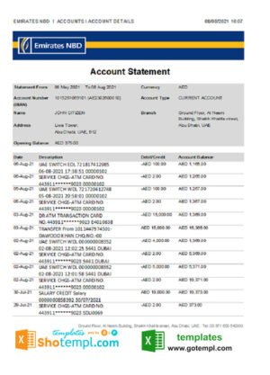 UAE Abu Dhabi NBD bank statement easy to fill template in Excel and PDF format