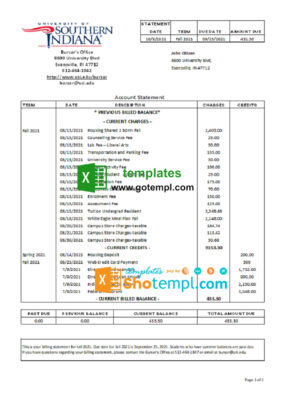 USA University of Southern Indiana account billing statement template in Excel and PDF (.xls and .pdf file) format