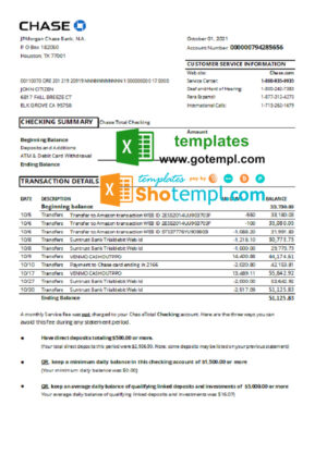 USA Chase account statement easy to fill template in Excel and PDF format