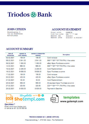 Netherlands Triodos Bank statement easy to fill template in Word and PDF format