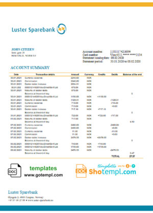 Norway Luster Sparebank bank statement easy to fill template in Word and PDF format