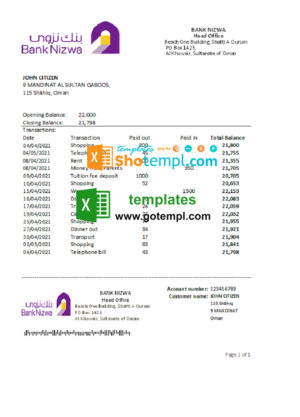 Oman Bank Nizwa bank statement easy to fill template in Excel and PDF format
