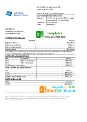South Korea Industrial bank statement easy to fill template in Excel and PDF format