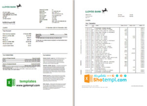 United Kingdom Lloyds bank statement template in Excel and PDF format (2 pages)
