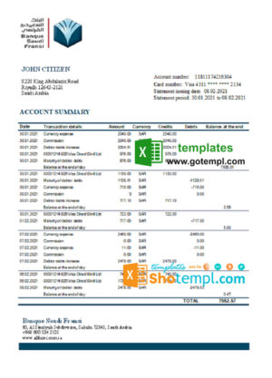 Saudi Arabia Banque Saudi Fransi bank statement easy to fill template in Excel and PDF format