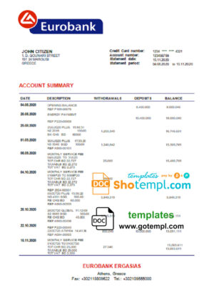 Greece Eurobank Ergasias proof of address bank statement template in Word and PDF format, .doc and .pdf format