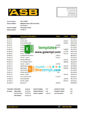New Zealand ASB Bank statement easy to fill template in Excel and PDF format