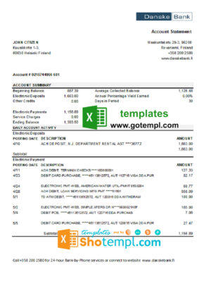 Finland Danske bank statement easy to fill template in .xls and .pdf file format