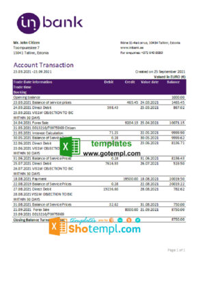Estonia Inbank bank statement easy to fill template in Excel and PDF format
