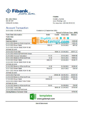 Guinea Fibank bank statement template in .xls and .pdf file format