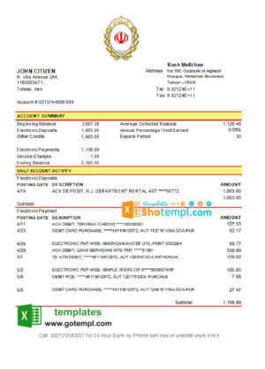 Iran Melli Bank statement template in .xls and .pdf file format