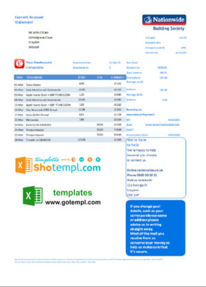 United Kingdom Nationwide bank statement template in Excel and PDF file format