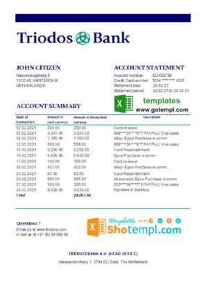 Netherlands Triodos Bank statement easy to fill template in Excel and PDF format