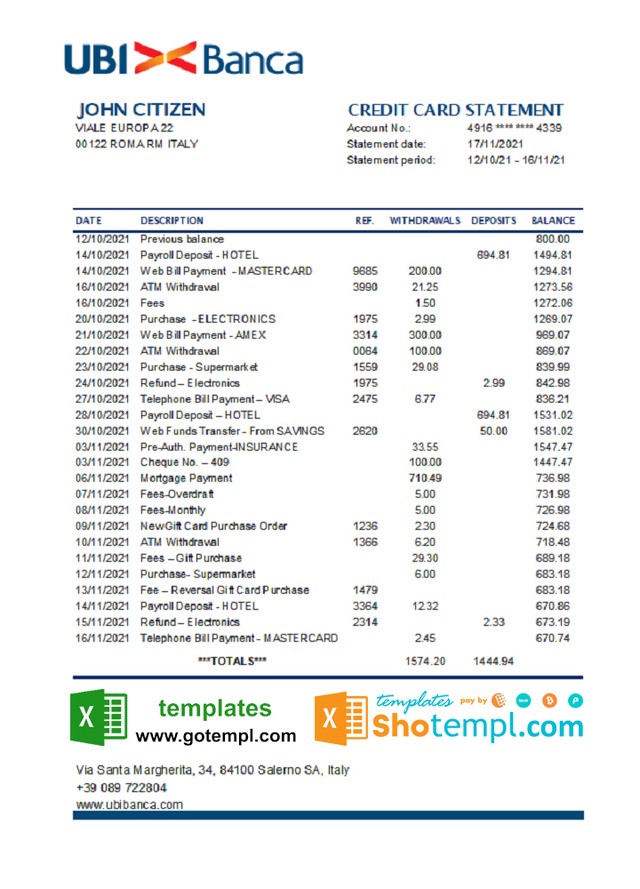 Italy UBI BANCA bank statement easy to fill template in Excel and PDF format Italy UBI BANCA bank statement easy to fill template in Excel and PDF format