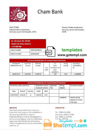 Syria Cham Bank proof of address statement template in Word and PDF format, .doc and .pdf  format