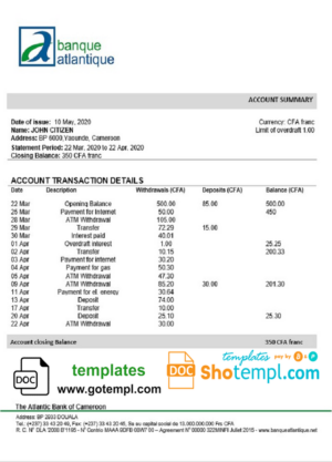 Montenegro Atlasmont Bank statement template, Word and PDF format (.doc and .pdf)