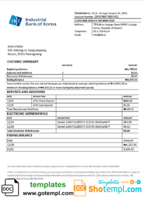 South Korea Industrial Bank of Korea bank statement template in Word and PDF format