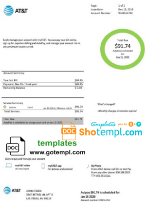 USA Texas AT&T easy to fill utility bill template in Word and PDF format