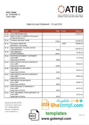 Libya Assaray (ATIB) bank statement easy to fill template in Word and PDF format