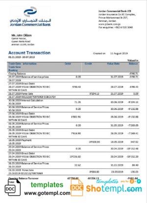 Jordan Commercial Bank statement easy to fill template in Word and PDF format