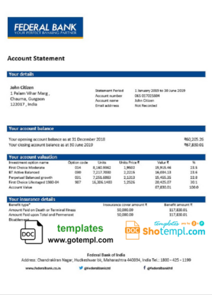 India Federal Bank proof of address statement template in Word and PDF format, .doc and .pdf format