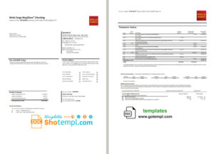 USA Wells Fargo bank statement template in Word and PDF format, 3 pages