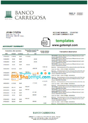 Portugal Banco Carregosa bank statement in Word and PDF format