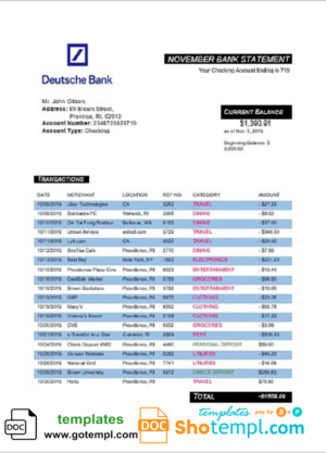 Germany Deutsche bank proof of address statement template in Word and PDF format