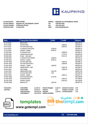 Iceland Kaupthing bank statement template in Word and PDF format