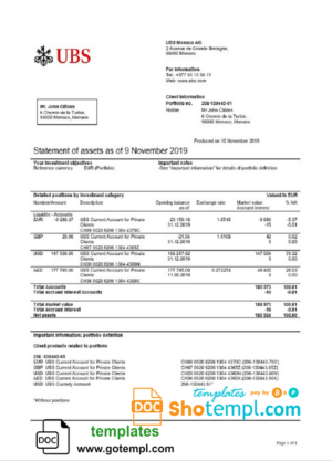 bank statement of bills and charges, Excel and PDF template