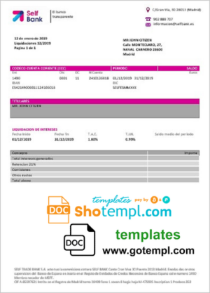 Spain Self Bank proof of address statement template in Word and PDF format, .doc and .pdf format