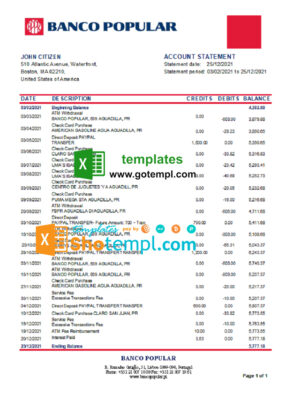Portugal Banco Popular bank statement template in Excel and PDF format, .xls and .pdf format