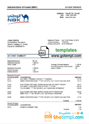 Kuwait National Bank of Kuwait (NBK) proof of address bank statement template in Word and PDF format (.doc and .pdf)