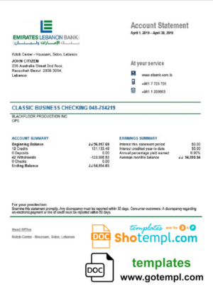 Lebanon Emirates Lebanon Bank statement template in Word and PDF format, good for address prove