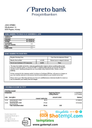 Norway Pareto Bank statement easy to fill template in Word and PDF format
