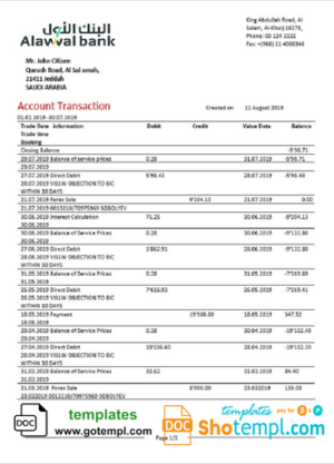 Saudi Arabia Alawwal Bank statement template in Word and PDF format, good for address prove