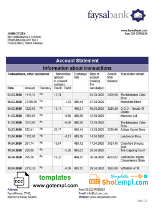 Pakistan Faysal bank statement template in Word and PDF format