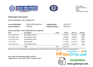 Nepal Bank Nepal bank statement template in Word and PDF format