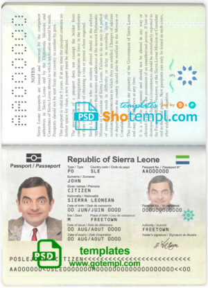 Sierra Leone passport template in PSD format, fully editable