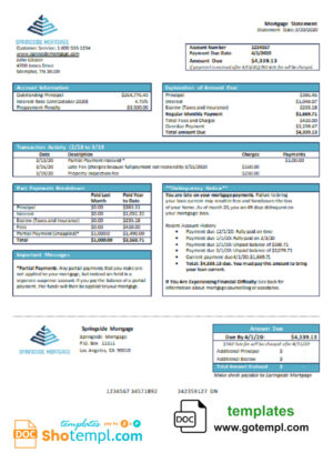 USA Springside Mortgage bank statement template in Word and PDF format