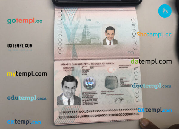 Turkey passport template in PSD format, fully editable, +editable PSD photo look (2018 – present)