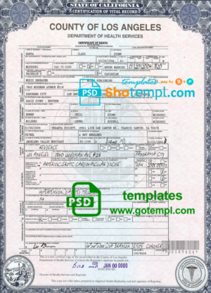 USA California Death Certificate template in PSD format