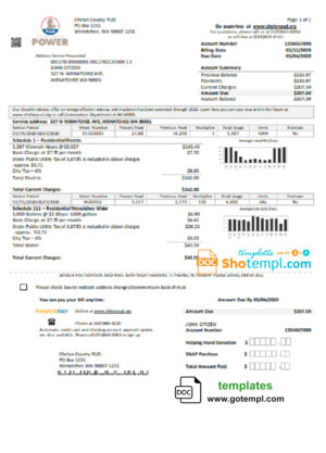 USA Washington Chelan County PUD utility bill template in Word and PDF format