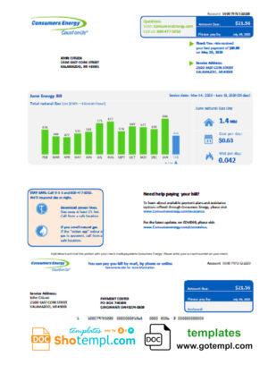 USA Michigan Consumers Energy utility bill template in Word and PDF format